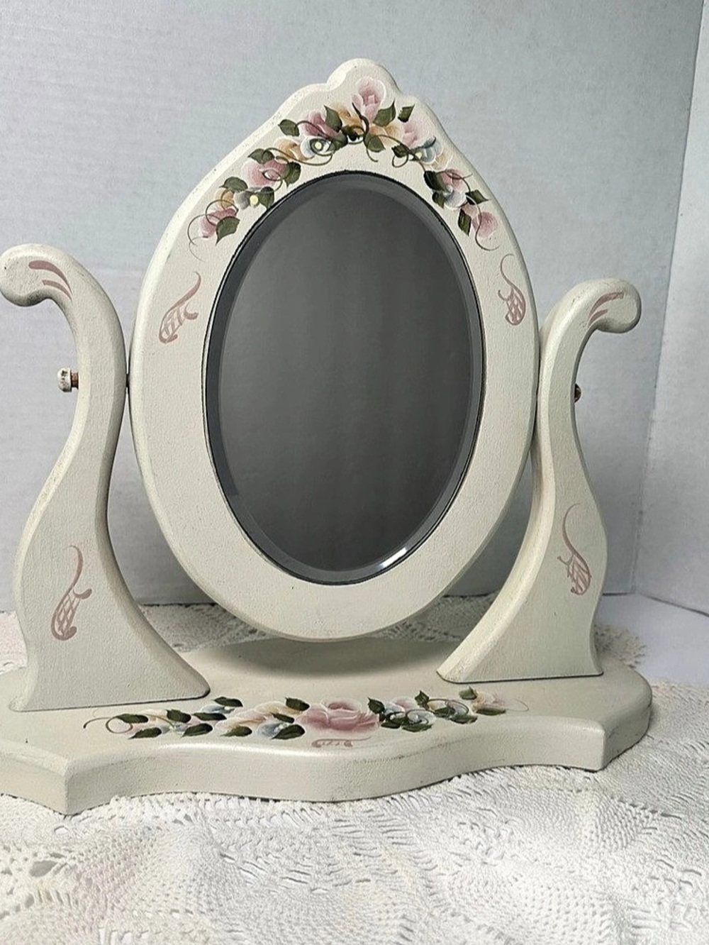 Vtg 80s Hand Painted Wooden Table Top Mirror Cottagecore Shabby Chic Floral